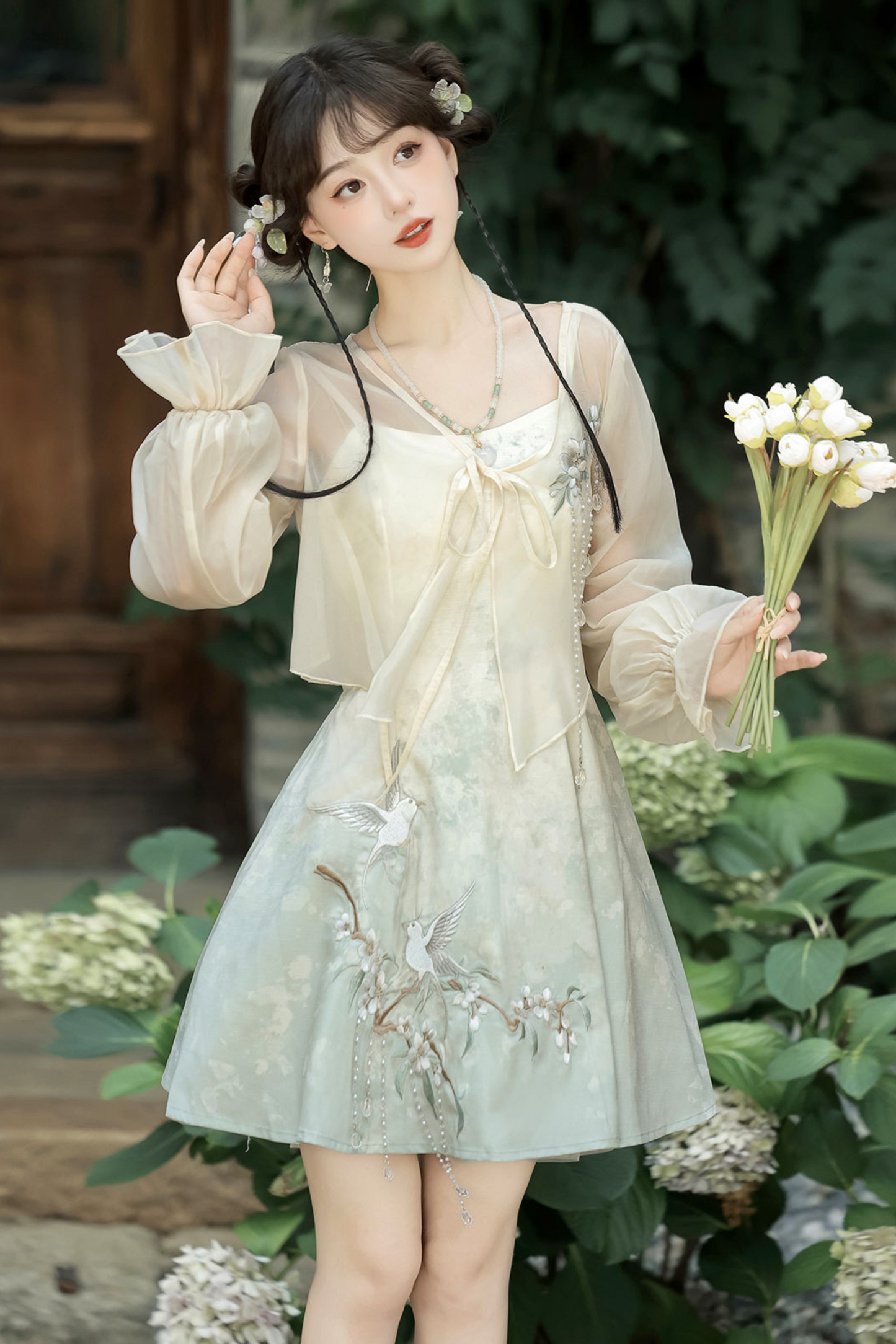 Chinese-style Gradient Retro Dress + Sheer Cardigan