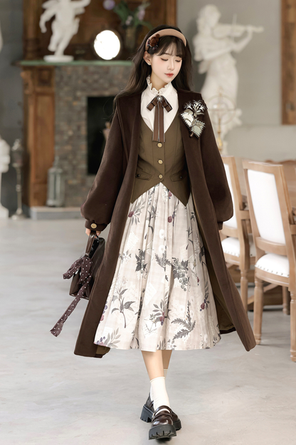 Retro Long Coat + Skirt + Shirt + Vest