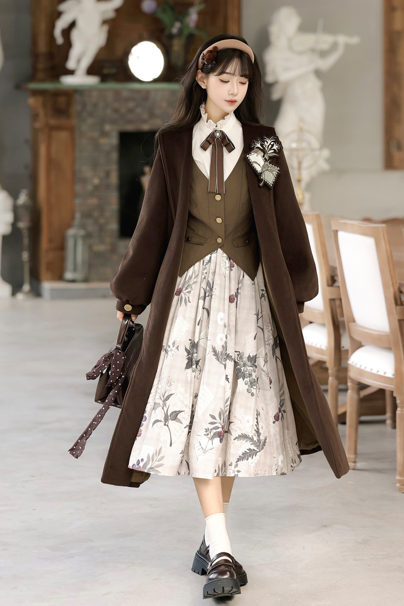 Retro Long Coat + Skirt + Shirt + Vest