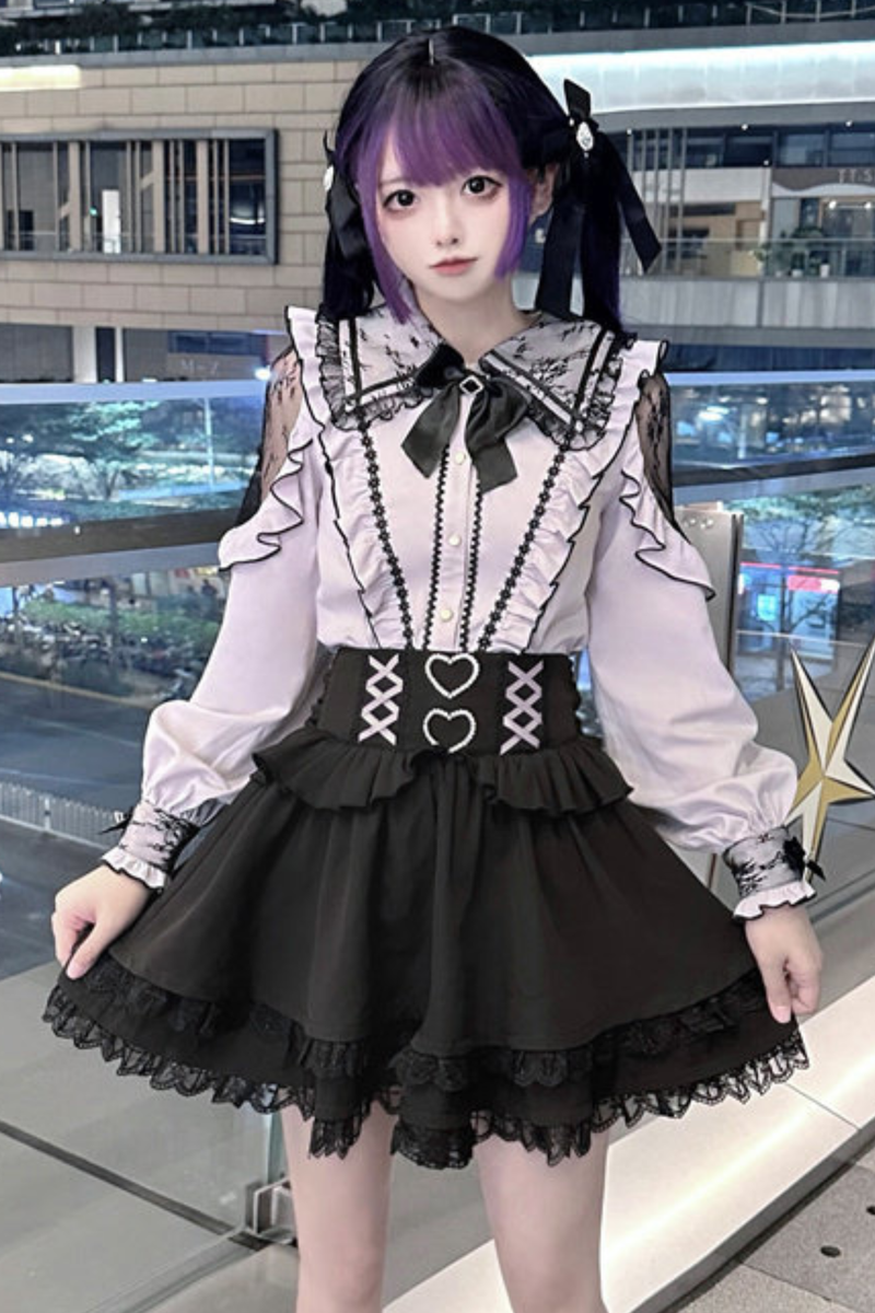 Lace Dark Shirt + Flare Skirt