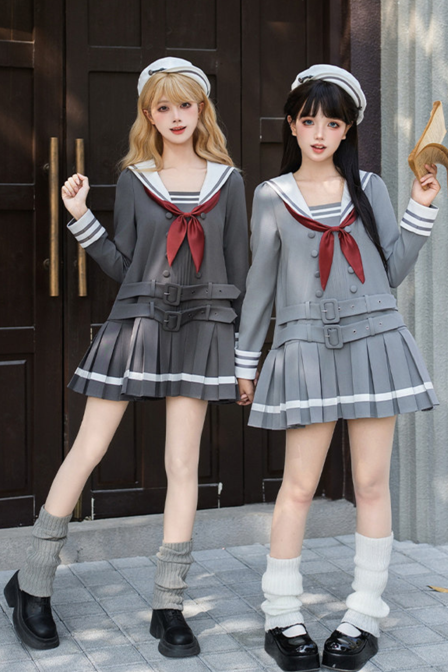 Sailor Collar Pleated College Dress + Ribbon + Hat