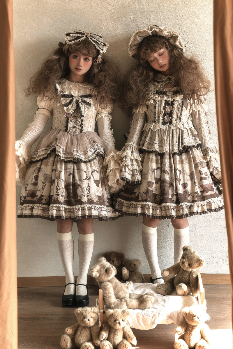 Briana Bear Print Dream Doll Lolita Dress + Jsk + Skirt + Shirt + Petticoat