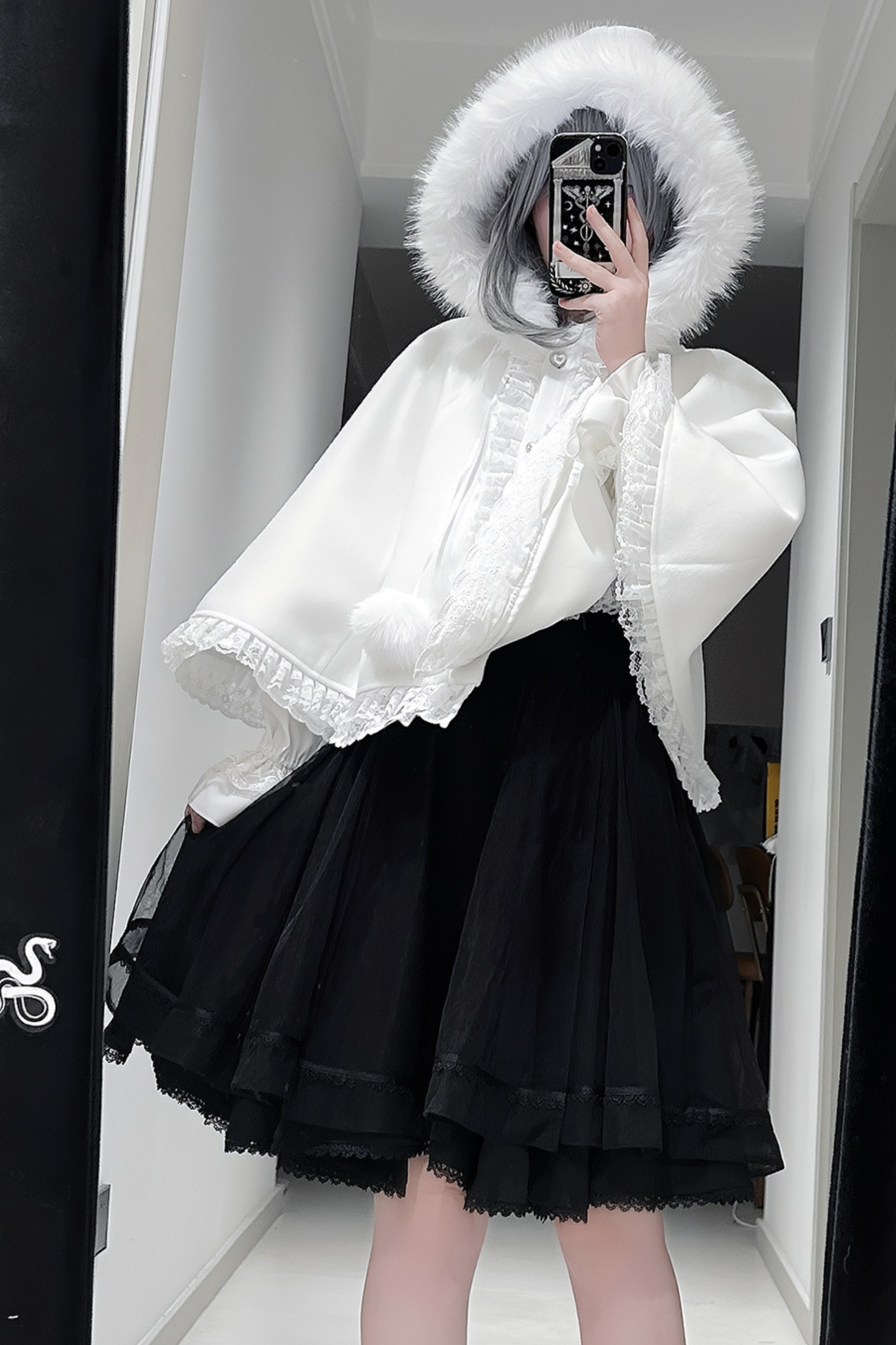 Fur Hooded Mantle + Tops + Skirt