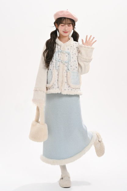 Retro Chinese-style Shirt + Skirt + Vest
