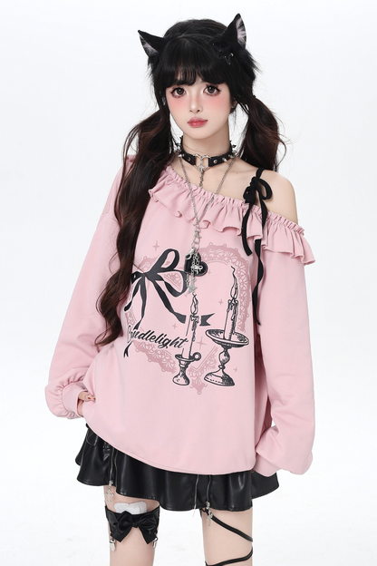 Sweet Ribbon Off-shoulder Loose Top