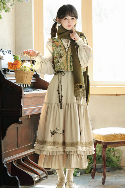 Pastoral Lolita Long Sleeve Dress + Vest + Scarf