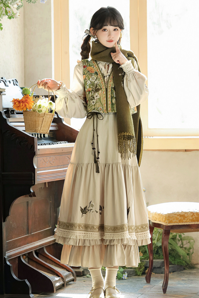 Pastoral Lolita Long Sleeve Dress + Vest + Scarf