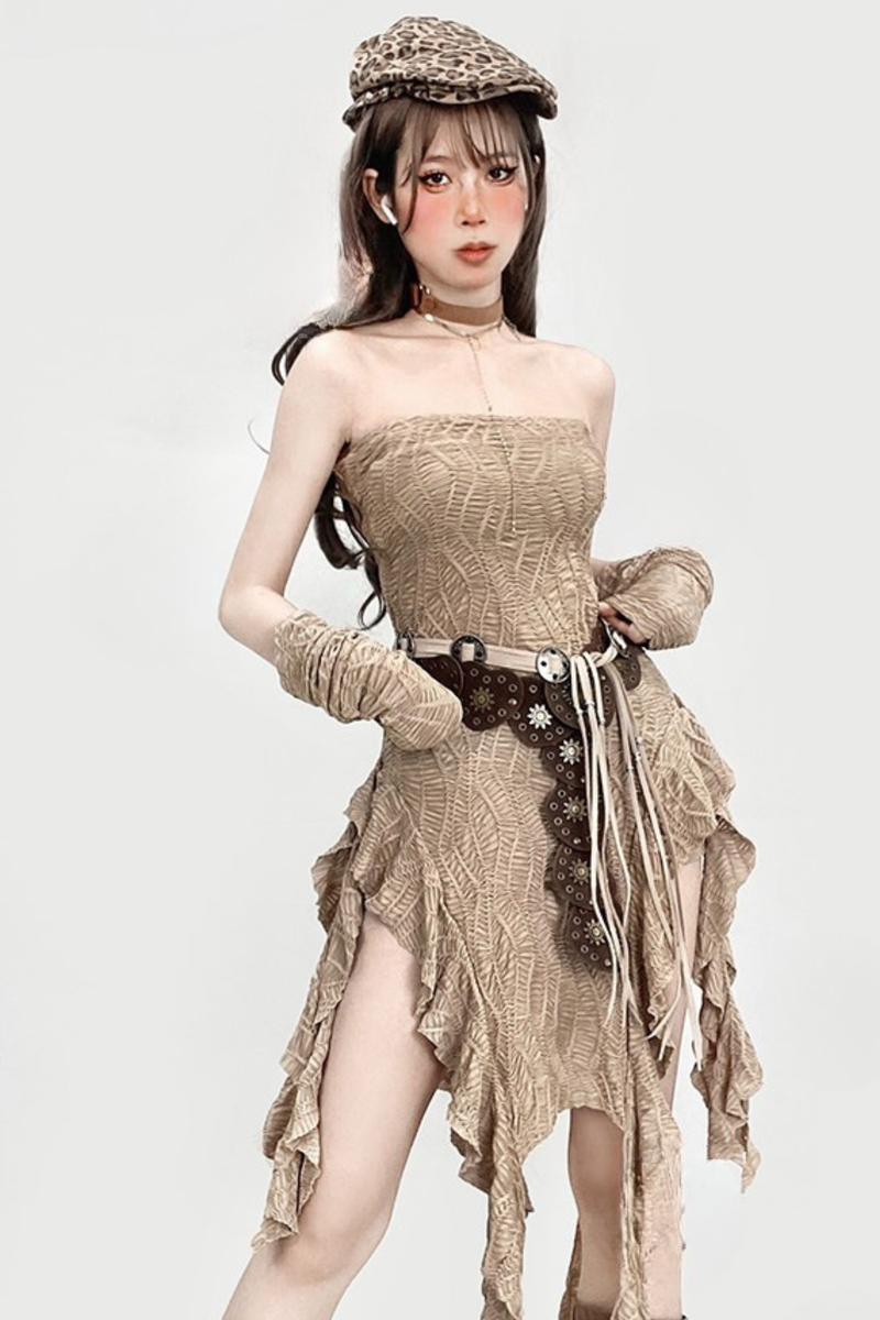 Khaki Ruffle Strapless Dress + Shorts