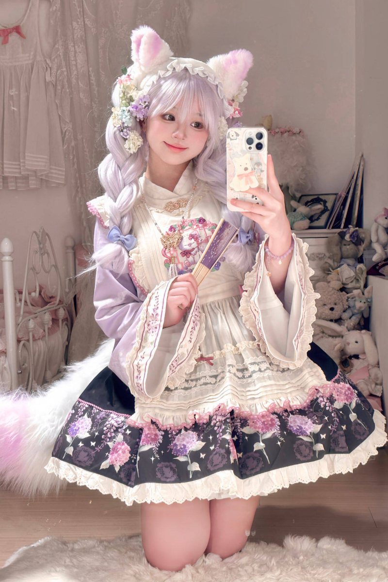 Chinese-style Lolita Top + Skirt + Apron + Headband + Bonnet