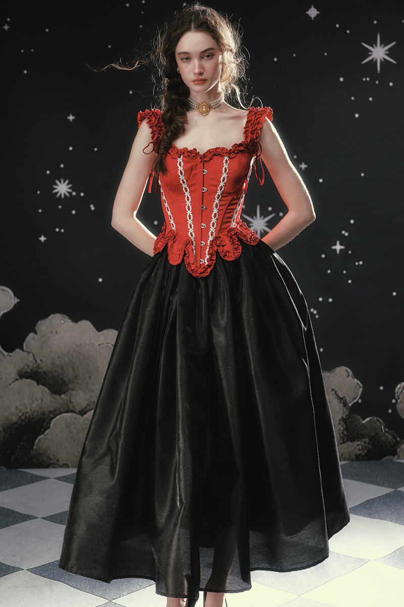 Lace Maid Retro Red Corset Top + Flare Skirt