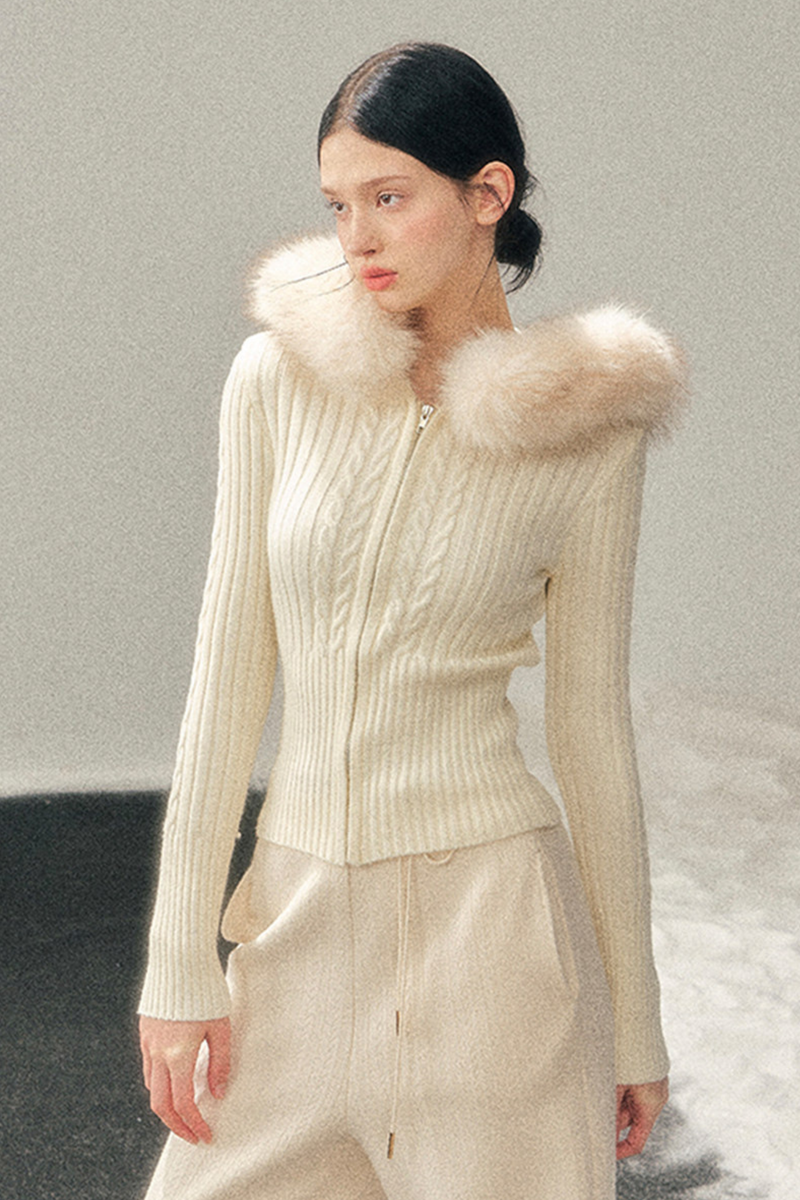 Fur Hood Knit Sweater Zip Top