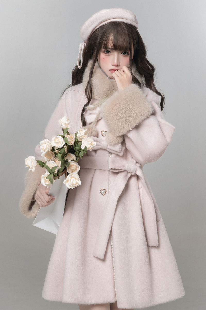 Sweet Girly Ribbon Flared Coat + Fur Collar + Shirt + Skirt + Beret