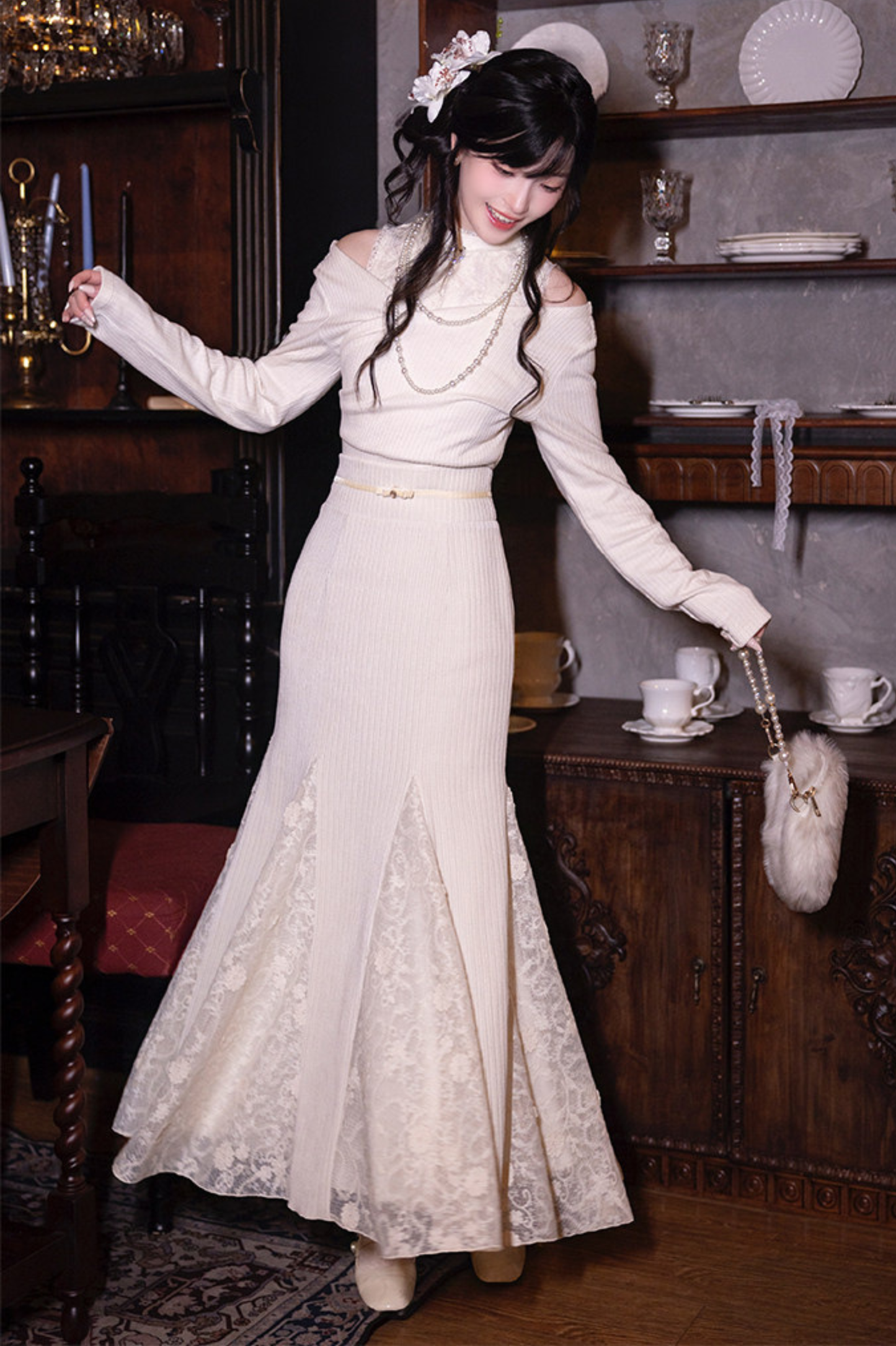 Moonlight Lace Knit Top + Long Skirt