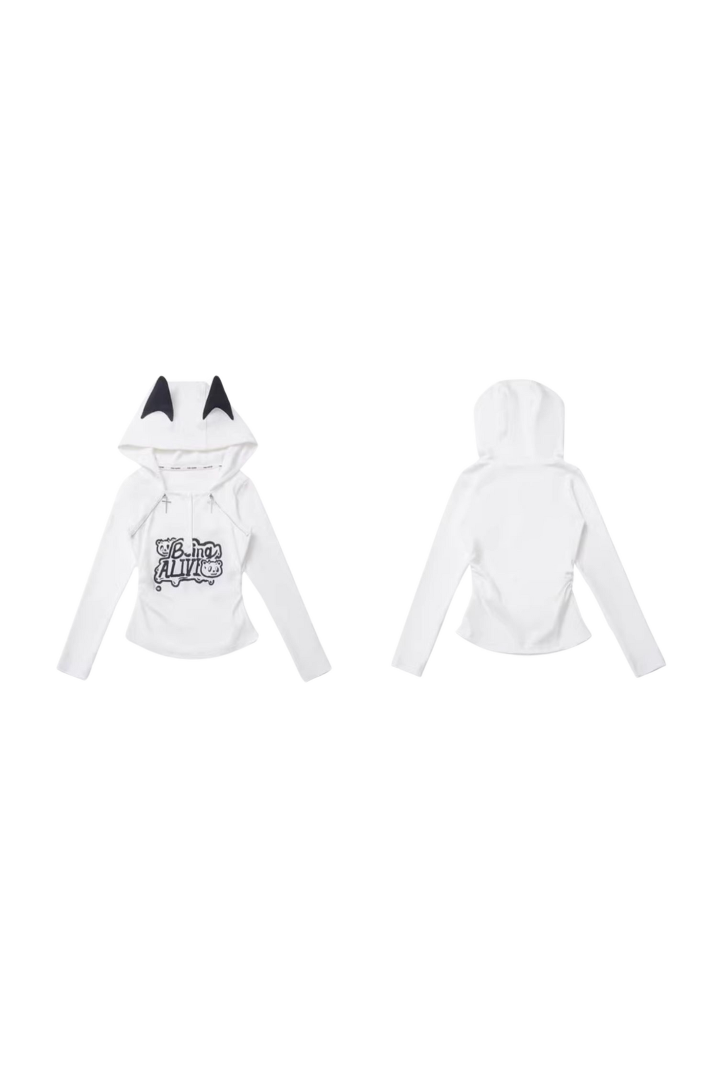 Cat Ear Hooded Top + Loose Knit Sweater + Cargo Pants + Strap Skirt