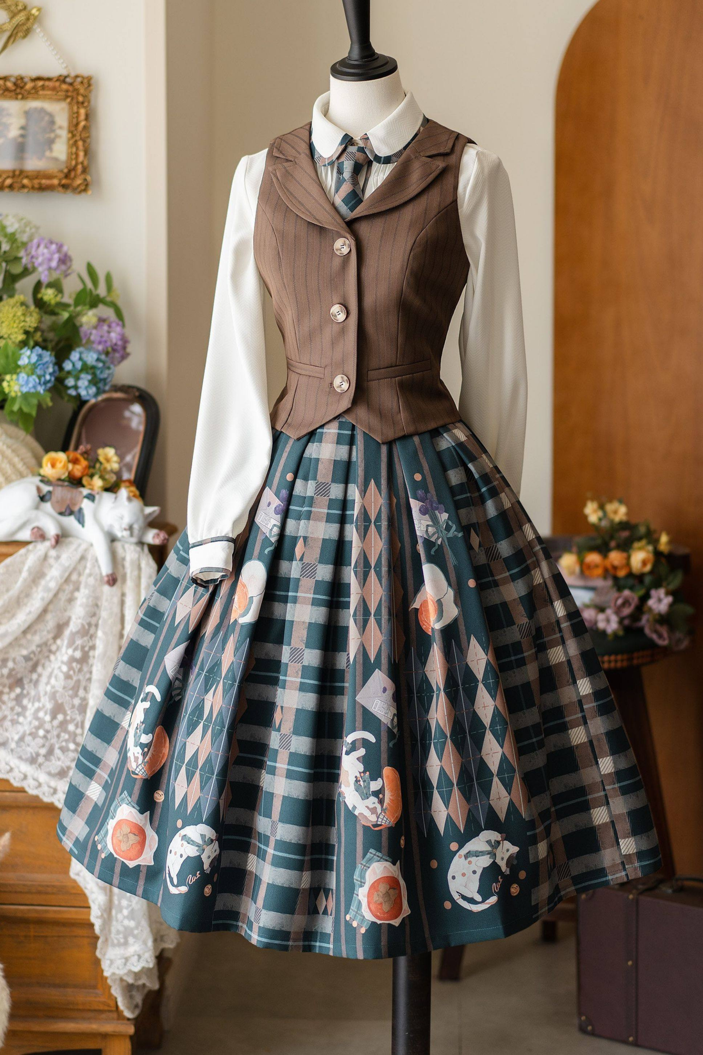 Retro Classic Academy Shirt + Vest + Plaid Skirt