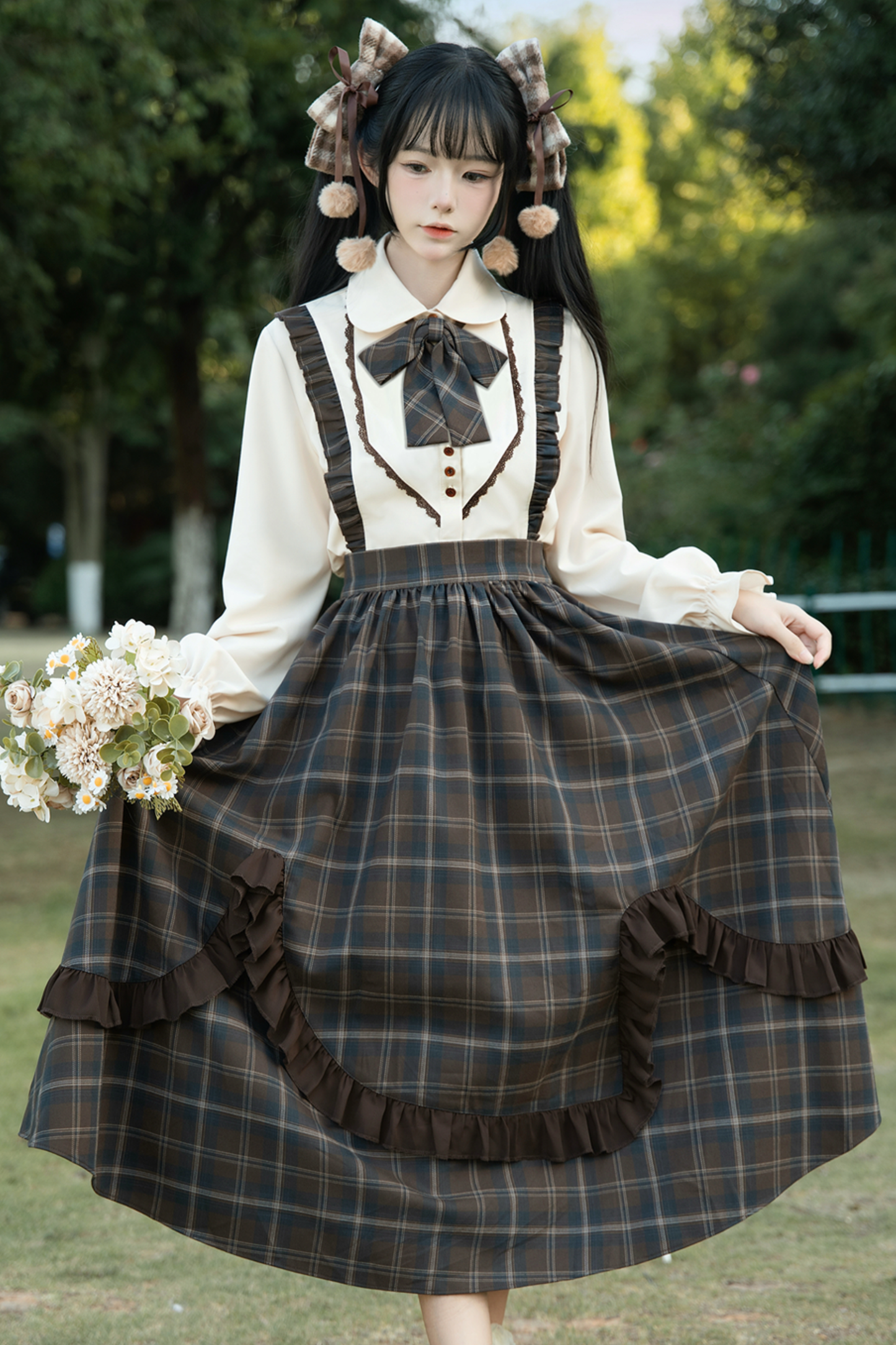 Retro Girly Plaid Skirt + Ruffle Blouse