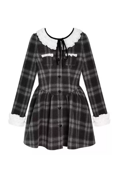 Lace Collar Wool Plaid Dress Coat
