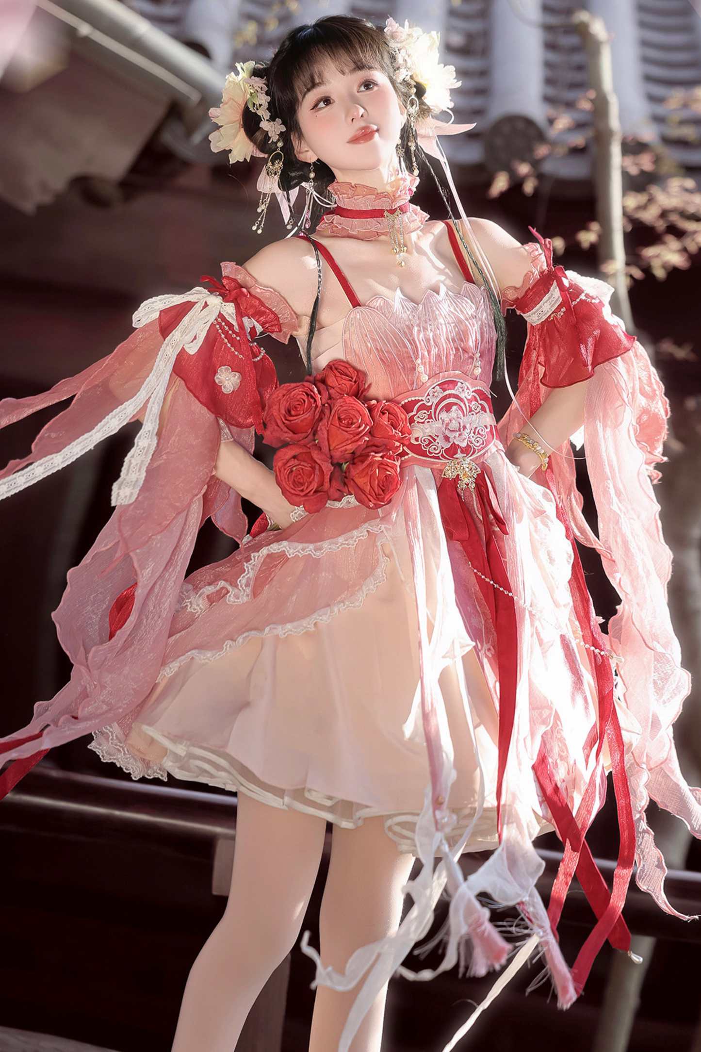 Chinese-style Feather Dress + Feather Sleeves + Waist Belt
