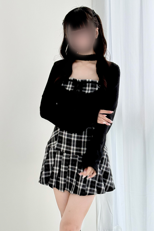 Checked Flared Dress + Short Cardigan