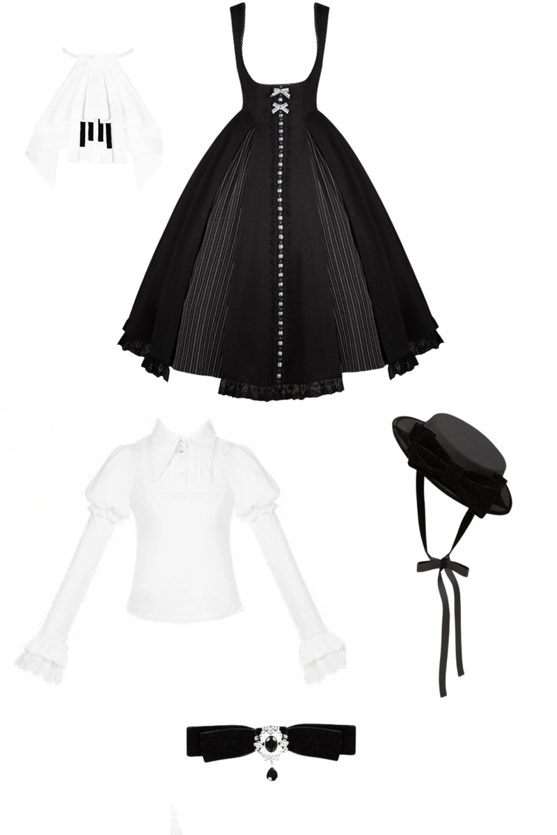 Sweet Lolita Flare Jumper Skirt + Tops + Hat + Ribbon + Collar