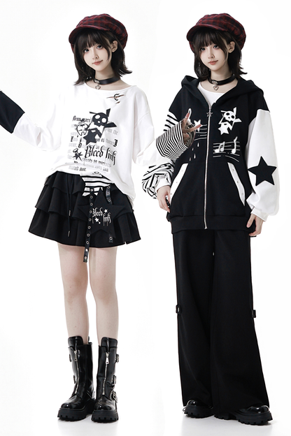 Striped Rock Print Hoodie Jacket + Tops + Long Pants + Skirt