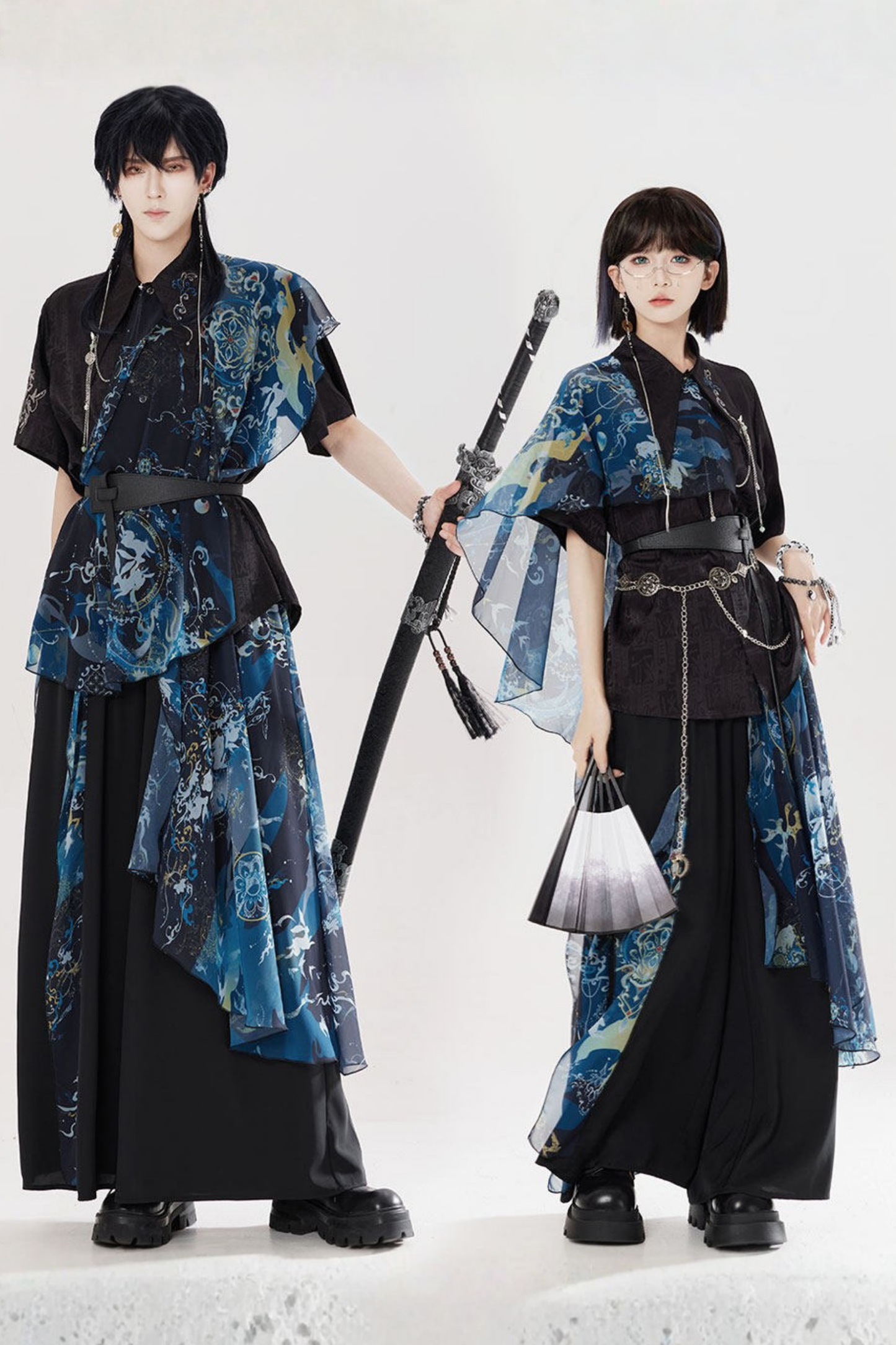 Dark Chinese-style Shirt + Wide Leg Pants + Chain + Belt