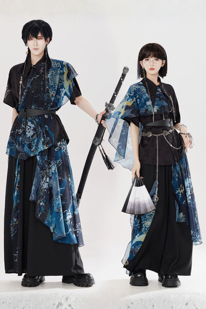Dark Chinese-style Shirt + Wide Leg Pants + Chain + Belt