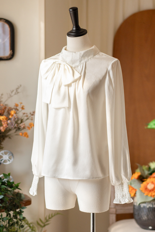 Retro Satin Bow Tie Blouse
