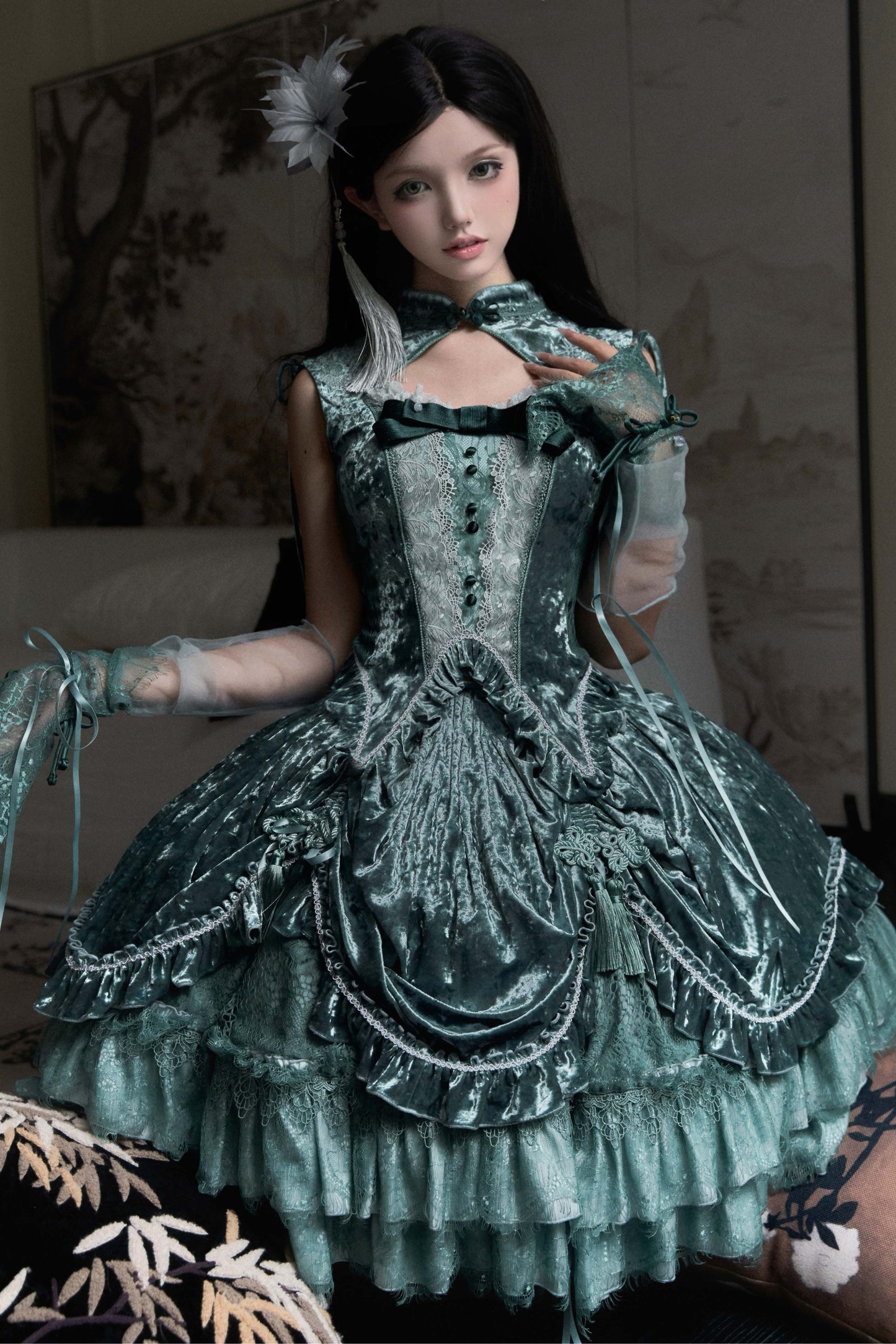 Gothic Velvet Sleeve Lolita Top + Vest + Skirt