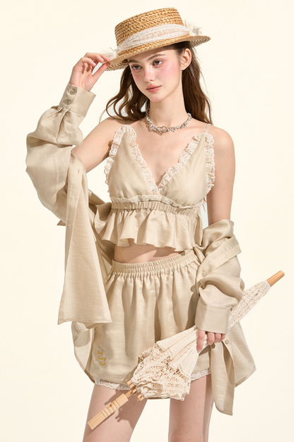Pastille Style Khaki Lace Camisole + Shirt + Shorts