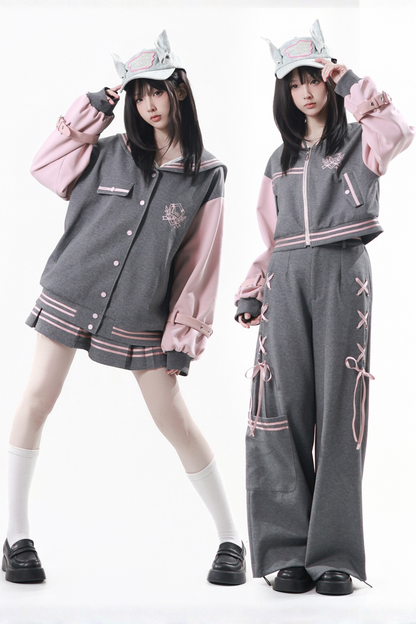 Sailor Collar Jacket + Pleated Skirt + Long Pants