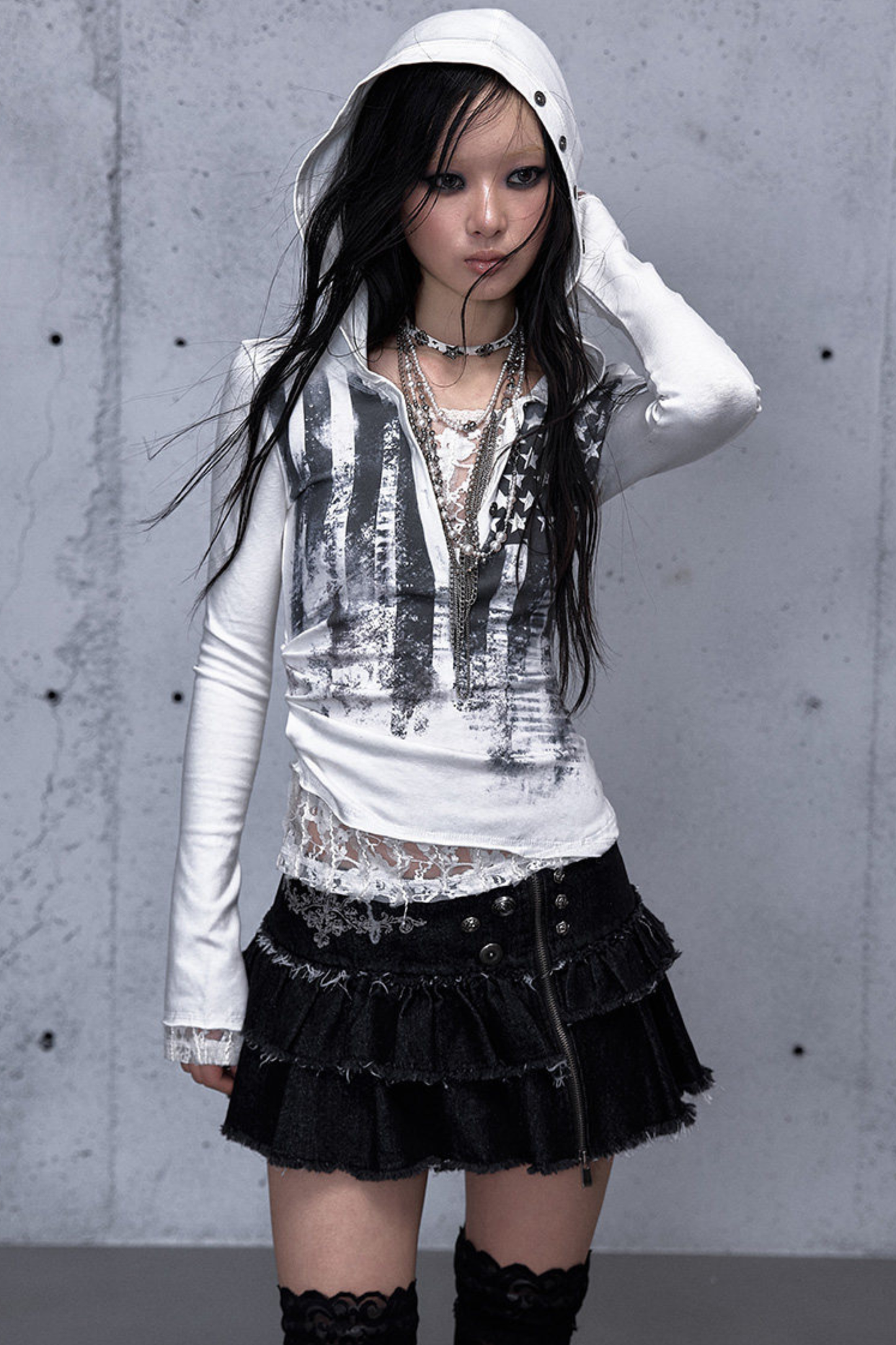 Lace Patchwork Tight Hooded Hoodie