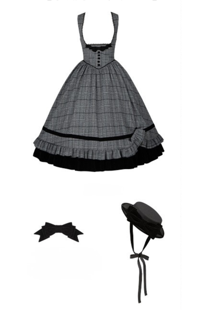 Plaid Fishbone Chest Jsk + Dress + Innerwear + Ribbon + Hat