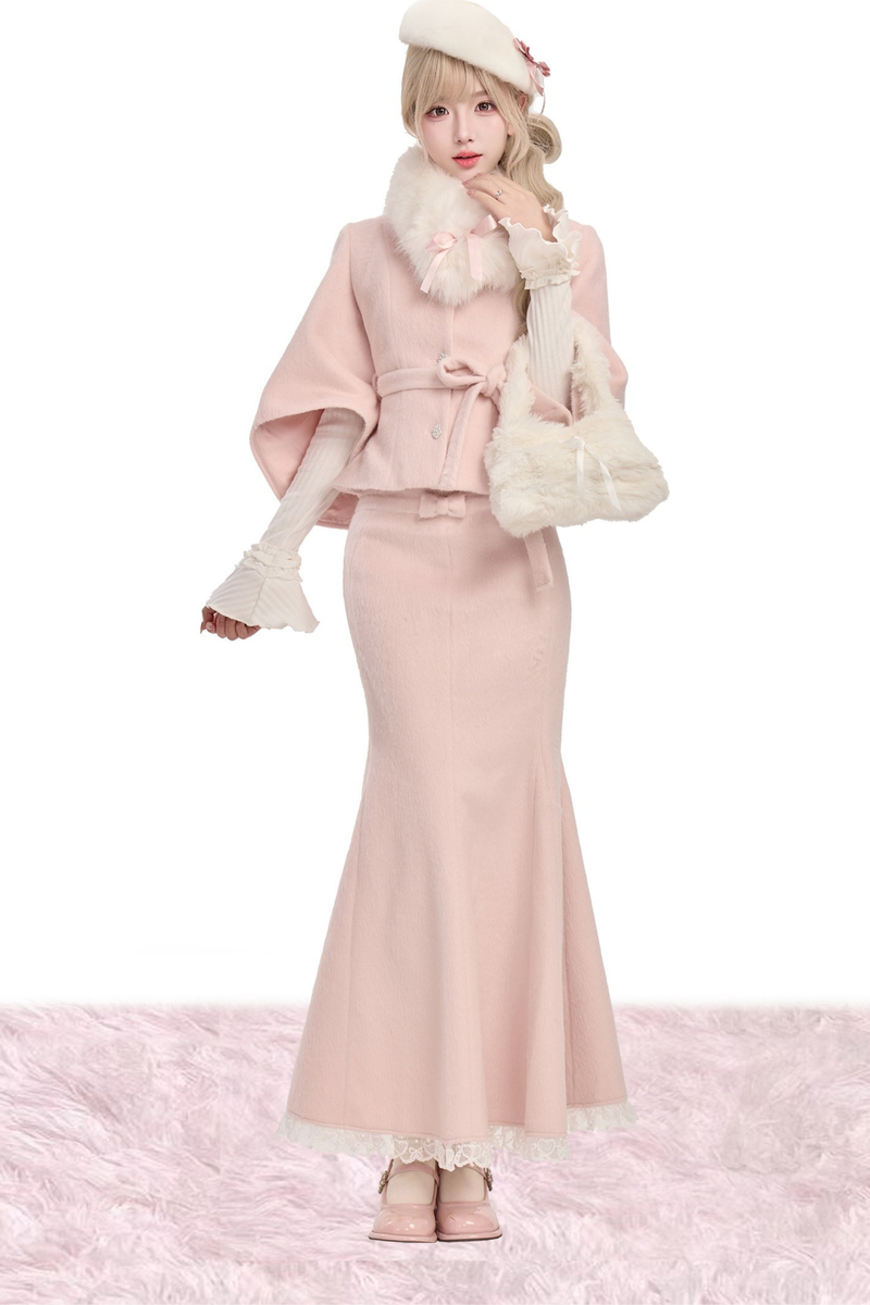 Velvet Love Song Knit Top + Wool Short Jacket + Mermaid Skirt