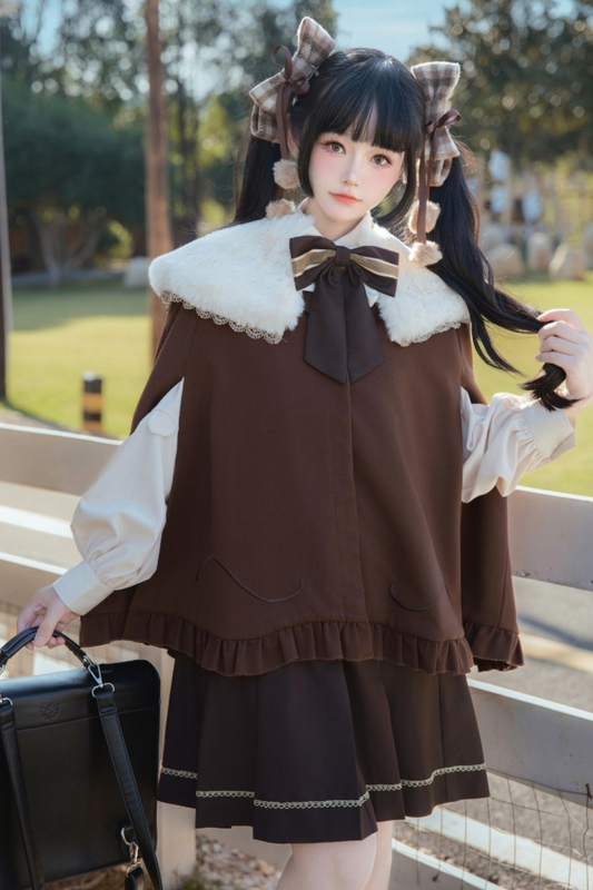 Fur Collar Cape + Knit Vest + Shirt + Pleated Skirt + Ribbon