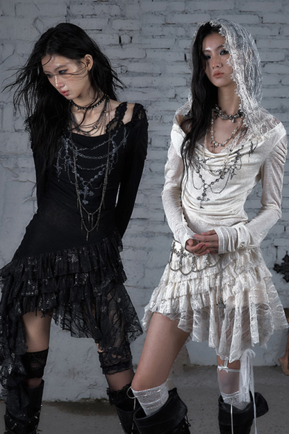 Punk Lace Hood Asymmetrical Dress