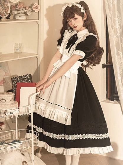 Front Ribbon Lantern Long Sleeve Maid Dress + Ruffle Big Ribbon Apron
