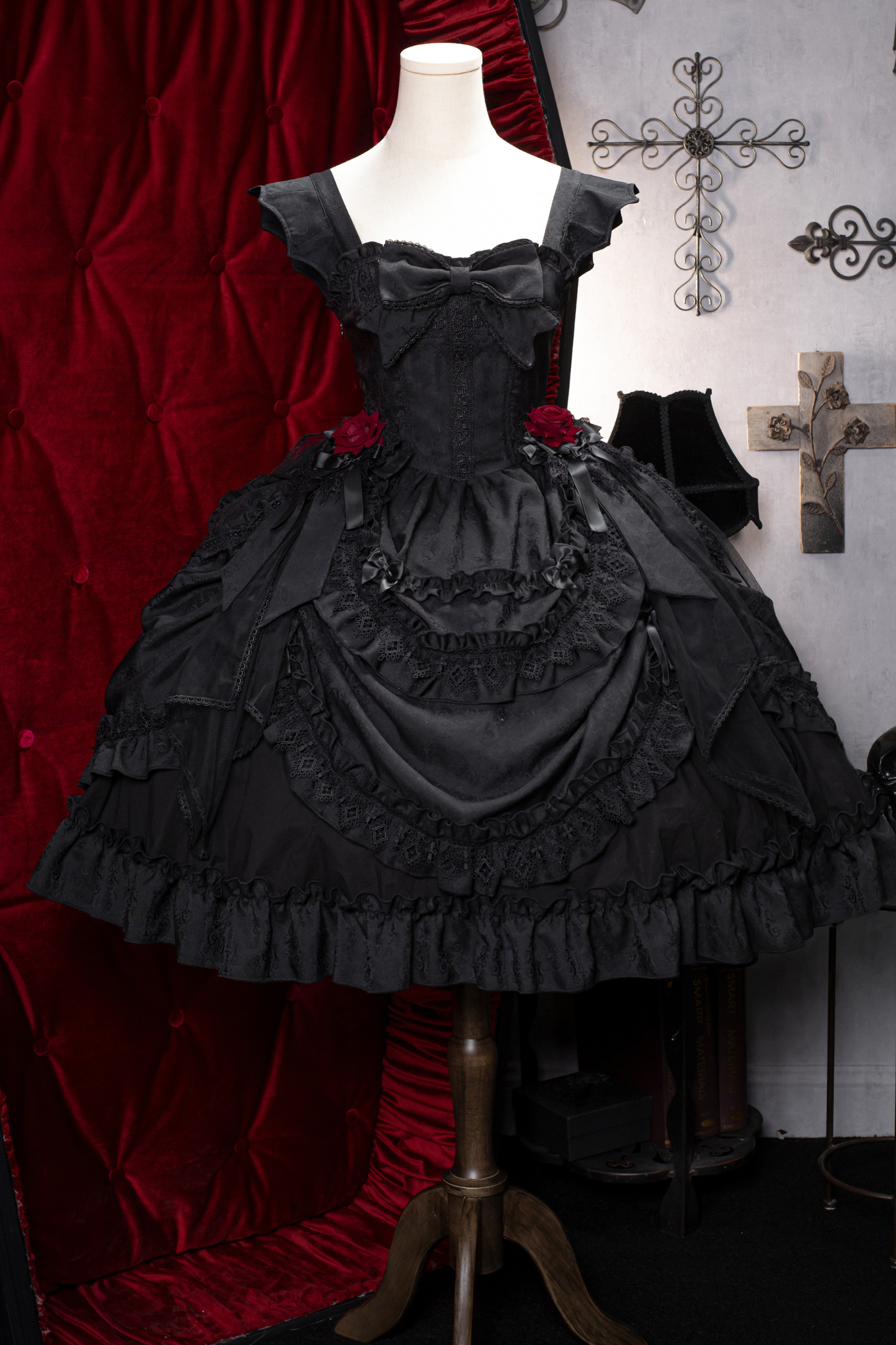 Dark Gothic Ruffle Lolita Dress + Waist Belt + Train + Hairband