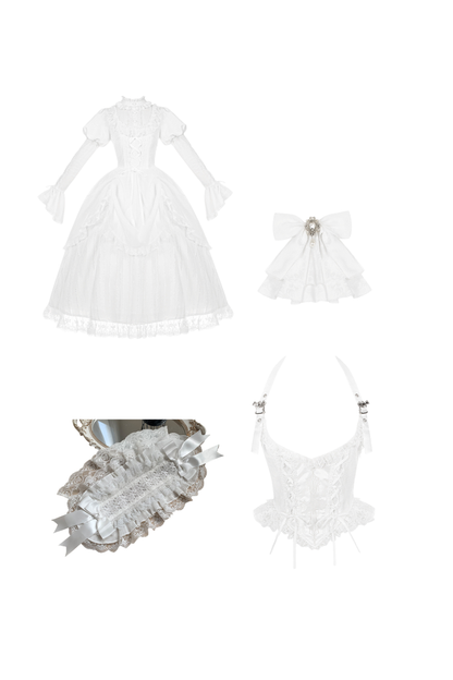 White Gothic Gemini Lolita Dress + Corset + Ribbon + Headband + Veil
