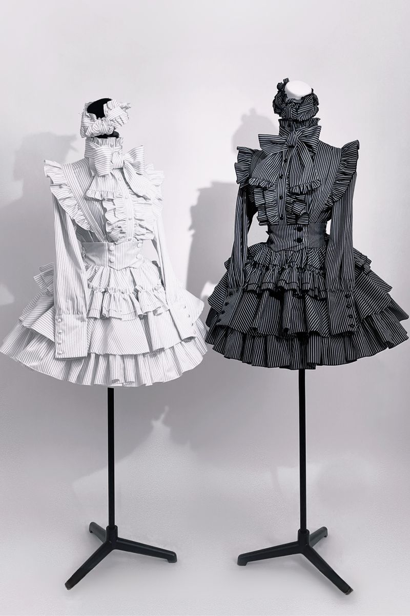 Striped Gothic Lolita Shirt + Tiered Skirt
