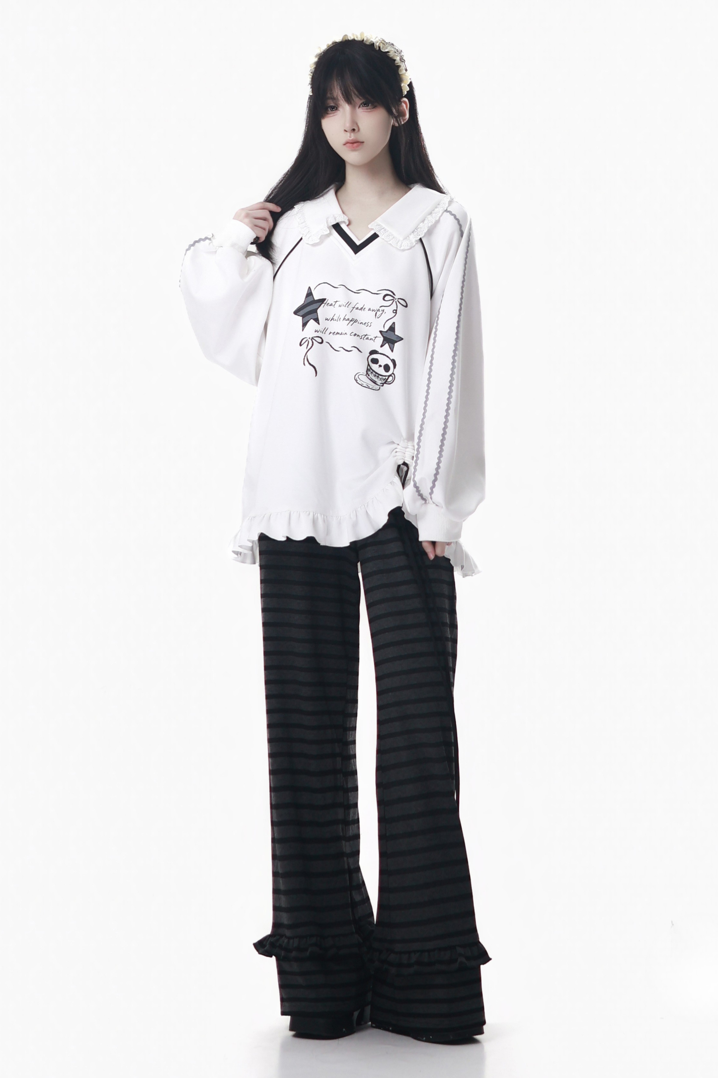 Lapel Lace Star Top + Ruffle Pants