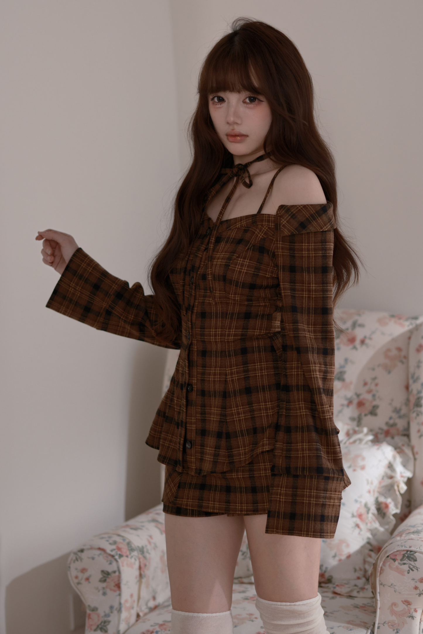 Checkered Off Shoulder Top + Shorts