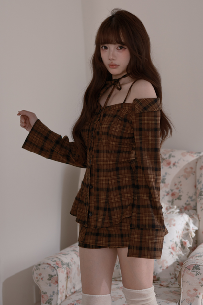 Checkered Off Shoulder Top + Shorts