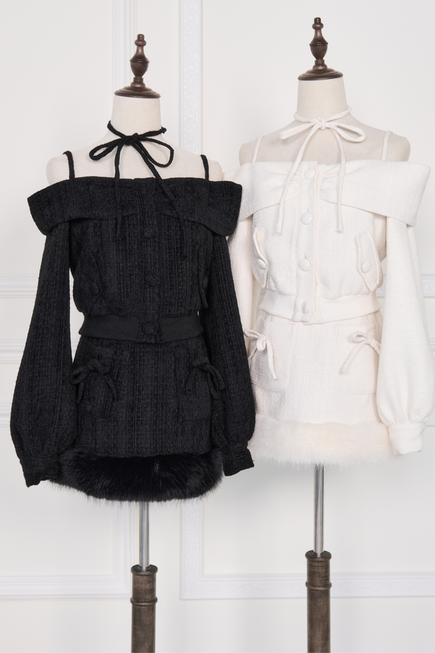 Off-the-shoulder Ribbon Top + Fur Skirt