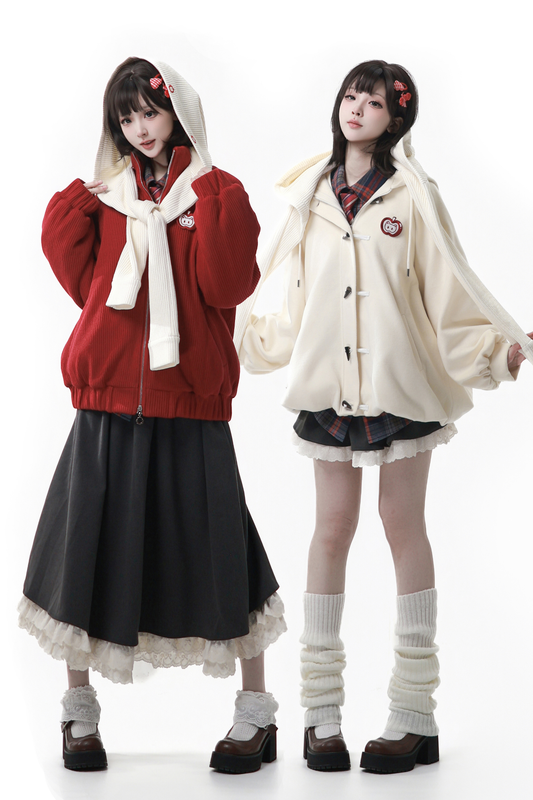 Apple Black Tea Fleece Coat + Hoodie + Long Skirt + Short Skirt + Hood Scarf