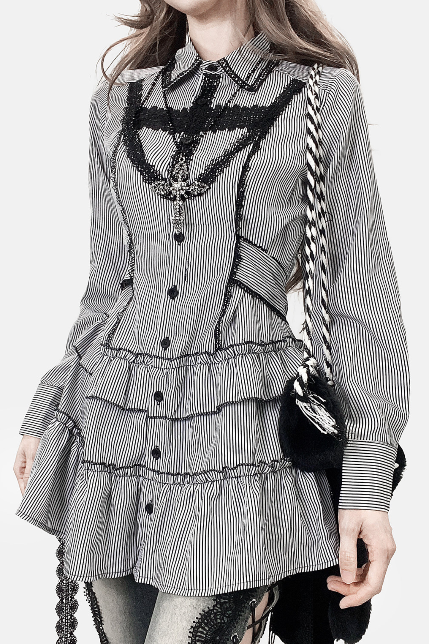 Striped Lace Midi Patchwork Shirt Dress