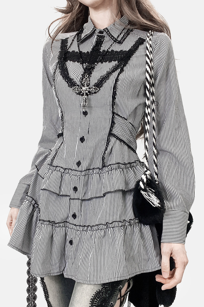 Striped Lace Midi Patchwork Shirt Dress