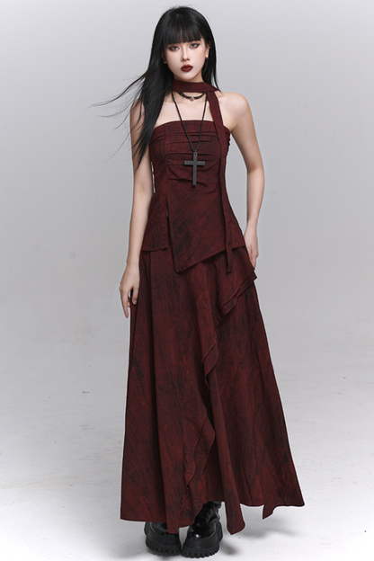 Dark Red Bandeau + Long Skirt