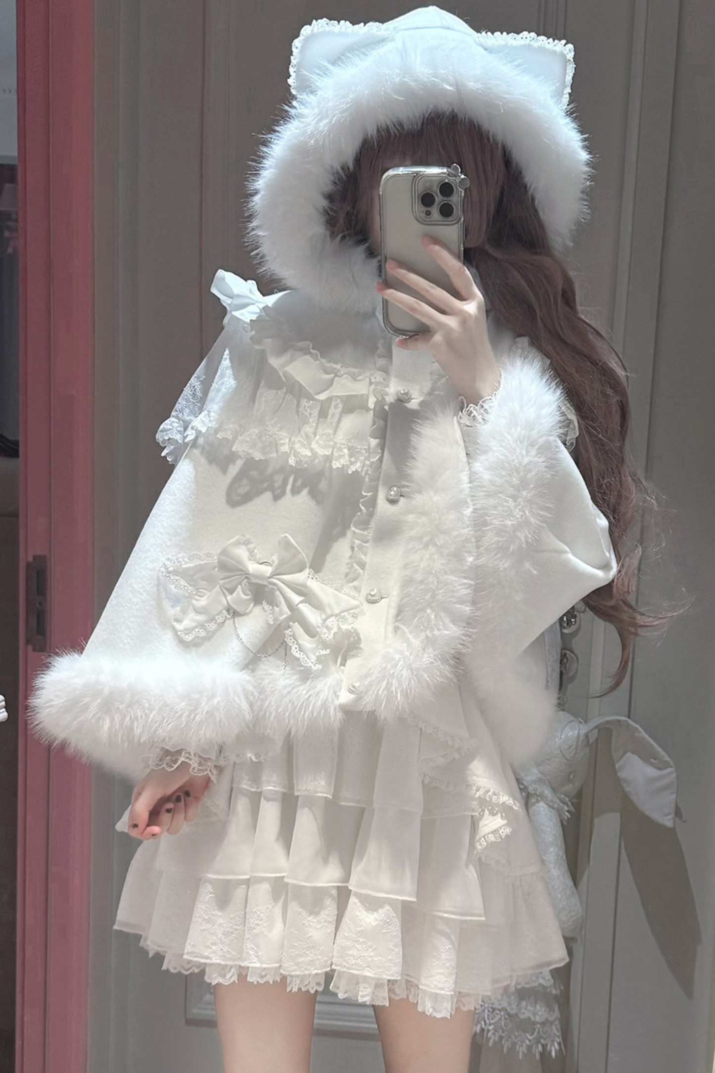 Snow Cat Ear Hooded Cape Coat + Shirt + Skirt