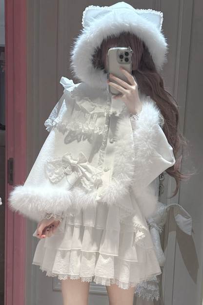 Snow Cat Ear Hooded Cape Coat + Shirt + Skirt